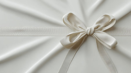 This image showcases an elegant white gift box adorned with a satin ribbon bow, set on a smooth fabric surface, ideal for celebrating special moments and occasions.の素材