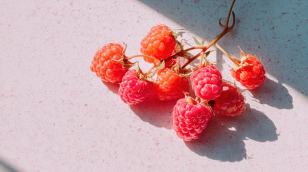 A stunning arrangement of fresh raspberries on a light pink surface, beautifully illuminated by natural light, creating a vibrant still life showcasing their juicy allure.の素材