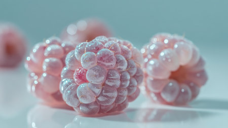 Close-up of fresh raspberries glistening with water droplets on a soft background, perfect for showcasing healthy eating, vibrant colors, and natural textures in culinary arts.の素材