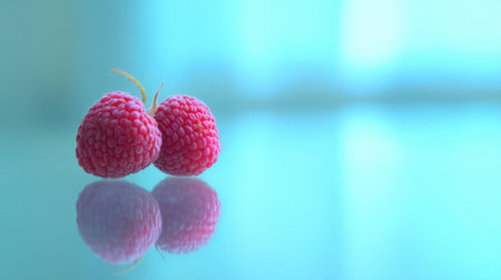 A pair of fresh raspberries sits on a reflective surface against a soft blue background, emphasizing the vibrant colors and inviting qualities of this delicious fruit.の素材