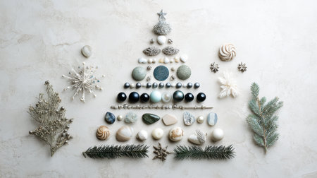 Discover an artistic arrangement that showcases a holiday tree created from natural materials and decorative accents, perfect for festive inspiration and seasonal decor.の素材