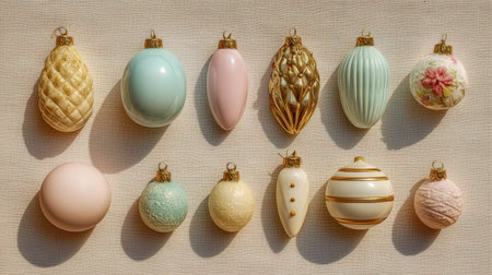 A visually stunning collection of decorative ornaments in soft pastel colors and varied shapes, perfect for inspiring holiday decor and seasonal crafts.の素材