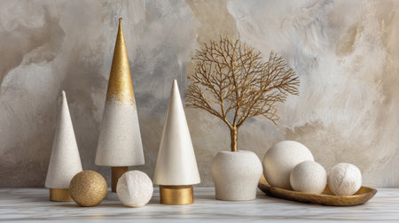 Discover a stunning arrangement of white holiday decorations featuring elegant trees and orbs, perfect for minimalist decor with a touch of gold.の素材
