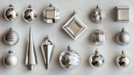 A stunning array of silver Christmas ornaments featuring various shapes and textures. Perfect for capturing the festive spirit and enhancing holiday decorations.の素材
