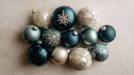 A collection of elegant Christmas ornaments in various shades of teal and silver, beautifully arranged on a light marble background, ideal for holiday decoration inspiration.の素材