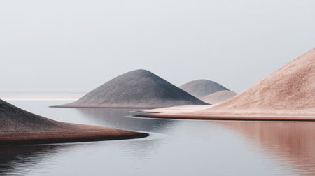 Captivating landscape showcasing gentle hills surrounded by calm water, creating a harmonious blend of colors and tranquility. A perfect backdrop for relaxation.の素材