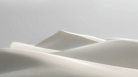A serene and minimalist landscape features soft curves of white sand dunes against a light gray sky, evoking a sense of calm and tranquility in nature.の素材