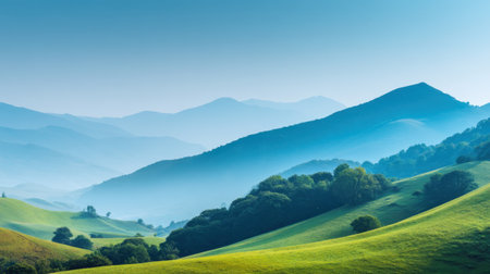 Experience the tranquility of nature with a stunning landscape featuring rolling green hills and soft blue mountains under a vast clear sky, perfect for relaxation.の素材