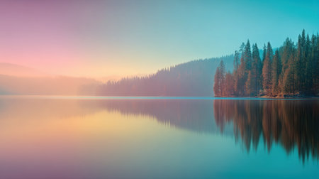 This captivating lake scene captures the tranquil beauty of nature at dawn, highlighting soft colors and reflections that evoke a sense of peace and serenity.の素材