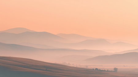 Experience a tranquil landscape showcasing rolling hills enveloped in soft pastel colors under the gentle early morning light, creating a peaceful atmosphere.の素材