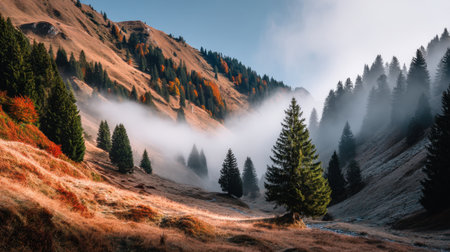 Experience a tranquil autumn landscape featuring misty hills and graceful pine trees. The vibrant colors and serene atmosphere create a peaceful outdoor retreat.の素材