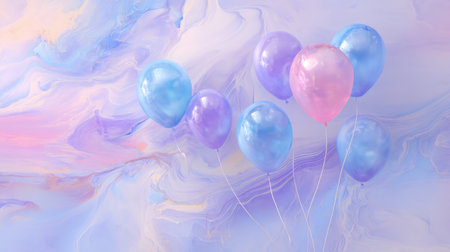 A collection of colorful balloons in purple and blue tones floats gently against an abstract background, creating a dreamy and festive atmosphere ideal for celebrations.の素材