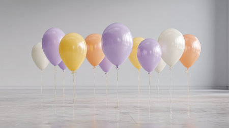 A collection of vibrant balloons in soft pastel shades arranged in a bright indoor space, ideal for festive decorations, celebrations, and joyful moments.の素材