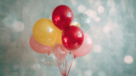 A vibrant display of colorful balloons featuring a mix of red, yellow, pink, and clear confetti balloons against a dreamy blue background, ideal for festive occasions.の素材