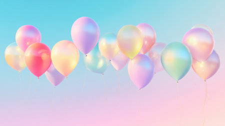 A stunning collection of colorful pastel balloons gracefully floating against a soft gradient background of blue and pink, perfect for adding joy to any celebration.の素材