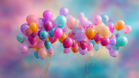 A vibrant arrangement of colorful balloons against a soft, dreamy sky backdrop, perfect for creating a joyful atmosphere for any celebration or festive event.の素材