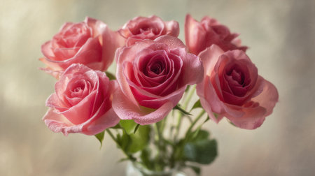 Beautiful pink roses arranged in a glass vase, illuminated by soft light. This delightful floral display captures the essence of love and elegance, perfect for any occasion.の素材