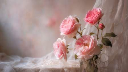 This image captures a lovely arrangement of soft pink roses, highlighting their delicate beauty and elegance in a tranquil setting. Perfect for floral themes.の素材