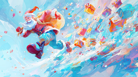 A lively, whimsical illustration of Santa Claus joyfully running with colorful presents, embodying the spirit of Christmas and holiday cheer in a vibrant setting.の素材