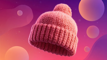 This vibrant image features a soft pink knitted beanie with a playful pom-pom, set against an abstract background. Perfect for winter styles and cozy aesthetics.の素材