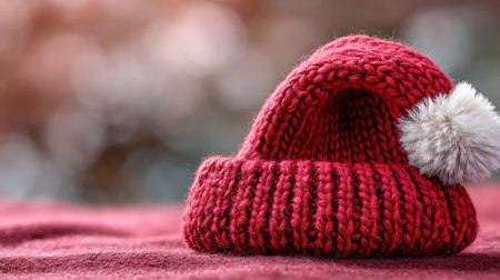 A charming red knitted hat featuring a fluffy pom pom, placed on soft fabric. This image captures winter cheer, perfect for showcasing holiday fashion and warmth.の素材