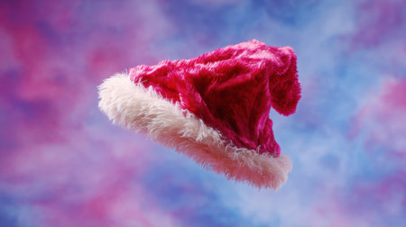 A whimsical and vibrant pink Santa hat floats against a dreamy pastel cloud background, capturing the essence of holiday cheer, celebration, and festive spirit.の素材