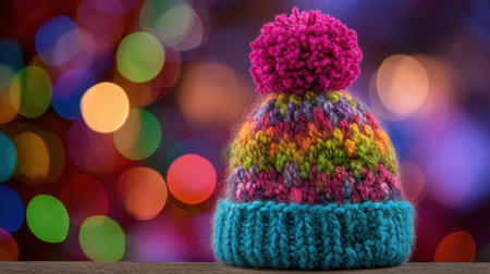 A vibrant knitted hat featuring a fluffy pom-pom sits on a wooden table, surrounded by colorful bokeh lights, creating a warm and festive atmosphere ideal for winter.の素材