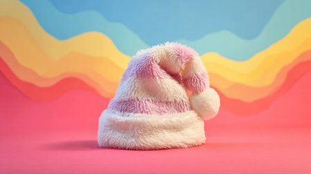 A charming and fluffy pink and white striped Christmas hat set against a lively and colorful background, perfect for evoking festive cheer and holiday spirit.の素材