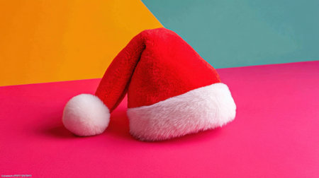 A bright and playful red Santa hat rests on a vibrant pink background, accompanied by colorful geometric shapes, evoking cheer and festive spirit perfect for holiday themes.の素材