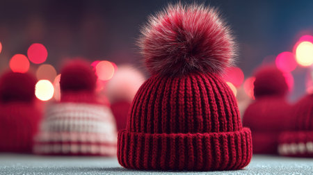 A cozy red knit hat featuring a fluffy pom-pom, beautifully displayed on a sparkling surface with festive blurred lights, perfect for winter fashion and holiday cheer.の素材