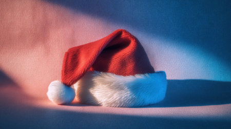 A vibrant and cozy Santa hat rests on a soft background, showcasing the festive spirit of the holiday season with its striking colors and gentle lighting.の素材