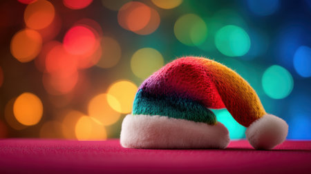 A vibrant rainbow Santa hat rests on a soft surface, set against a colorful bokeh background, symbolizing joy and inclusivity during festive celebrations.の素材