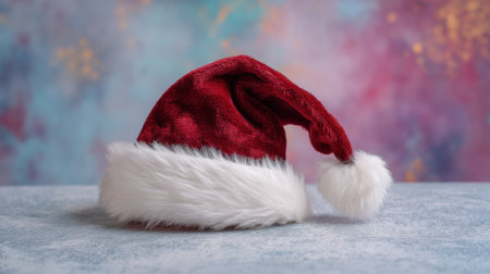 This charming image features a vibrant red Santa hat with a fluffy white trim, set against a colorful, festive background, ideal for holiday-themed projects.の素材