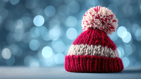 This charming red and white knitted beanie with a playful pom-pom sits against a soft bokeh background, evoking warmth and festive cheer for winter activities.の素材