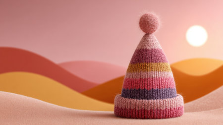 A vibrant knitted hat rests on a sandy surface, set against a soothing pastel sunset. This charming image evokes feelings of warmth and whimsy, perfect for cozy themes.の素材