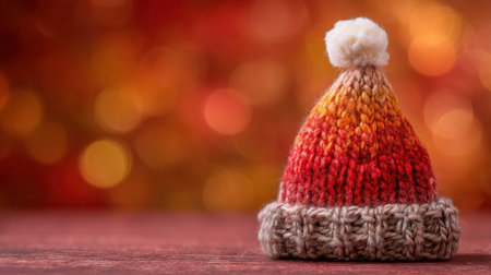 This charming knitted hat features vibrant orange and red hues with a fluffy pom-pom, ideal for cozy winter outfits and festive seasonal celebrations.の素材