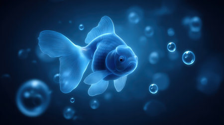 This serene image captures a luminous goldfish elegantly swimming in deep blue water, surrounded by delicate bubbles, evoking tranquility and a sense of beauty in nature.の素材