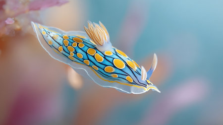 Stunning image of a colorful nudibranch gracefully swimming in its underwater habitat, showcasing intricate patterns and vibrant colors against a serene coral background.の素材