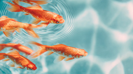 Captivating orange goldfish swim gracefully in clear turquoise water, creating gentle ripples. This serene scene offers a soothing visual experience of aquatic life.の素材