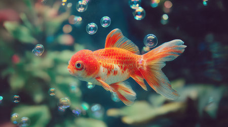 A beautiful goldfish swims through a bubble-filled aquarium, showcasing its vibrant colors against a backdrop of lush greenery and sparkling light reflections.の素材
