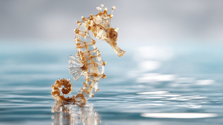 A stunning close-up of a delicate seahorse gracefully floating in calm waters, showcasing its intricate details and gentle reflections in a serene natural setting.の素材