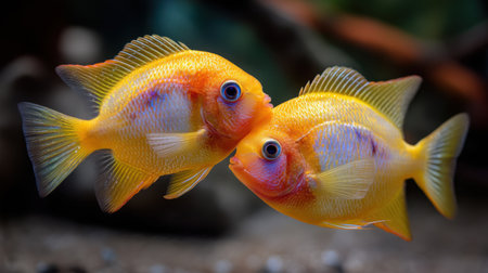 This stunning image captures two bright yellow fishes interacting in a serene aquarium environment, highlighting their vibrant colors and natural beauty.の素材