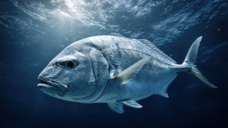 A serene underwater scene featuring a majestic silver fish swimming gracefully with sunlight filtering through clear ocean waters, highlighting its beauty and elegance.の素材