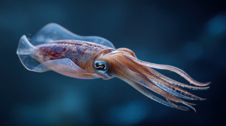 A captivating close-up of a vibrant squid captured underwater, showcasing its elegant movement and unique features in the serene depths of the ocean environment.の素材