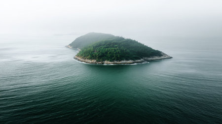 A tranquil view of an isolated island surrounded by calm waters and enveloped in mist. This serene landscape captures the essence of natural beauty and peaceful solitude.の素材