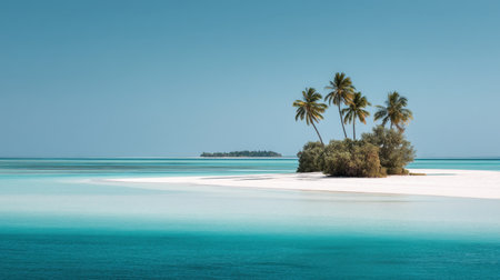 A peaceful tropical island featuring lush palm trees amidst crystal clear waters, surrounded by a pristine white sand beach, ideal for relaxation and getaway.の素材