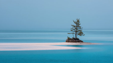 A tranquil scene of a solitary island featuring a lush pine tree, embraced by crystal clear waters and a soft sandy beach, perfect for serene moments and peaceful reflections.の素材