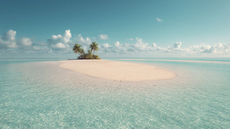 Discover a stunning tropical island landscape featuring pristine sandy beach, lush palm trees, and crystal-clear turquoise waters under a vibrant blue sky.の素材