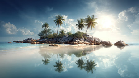 Explore a stunning tropical island scene featuring vibrant palm trees and tranquil waters reflecting a mesmerizing sky, capturing the essence of paradise and serenity.の素材