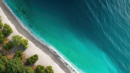 Discover a breathtaking aerial view capturing a serene tropical beach with crystal clear water and lush greenery, evoking feelings of peace and tranquility.の素材